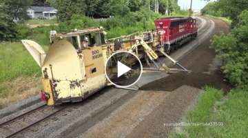 Train Plowing Dirt and Grading Work - Rare Track work equipment along the Withrow Sub-