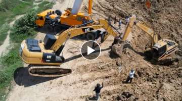 Unexpected​ Excavator Sink Deep Mud Amazing Getting Stuck In Pull Out Truck Crane Caterpillar 3...