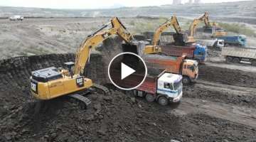 Aerial Movie Of Caterpillar And Liebherr Excavators Working In Huge Mining Sites