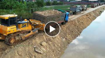 Skill Driver Bulldozer Help Dump Truck Have Problem When Drive Back Unloading Soil