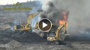 Amazing Excavator 1250 Loading Burning Coal, Big Dump Truck Vessel